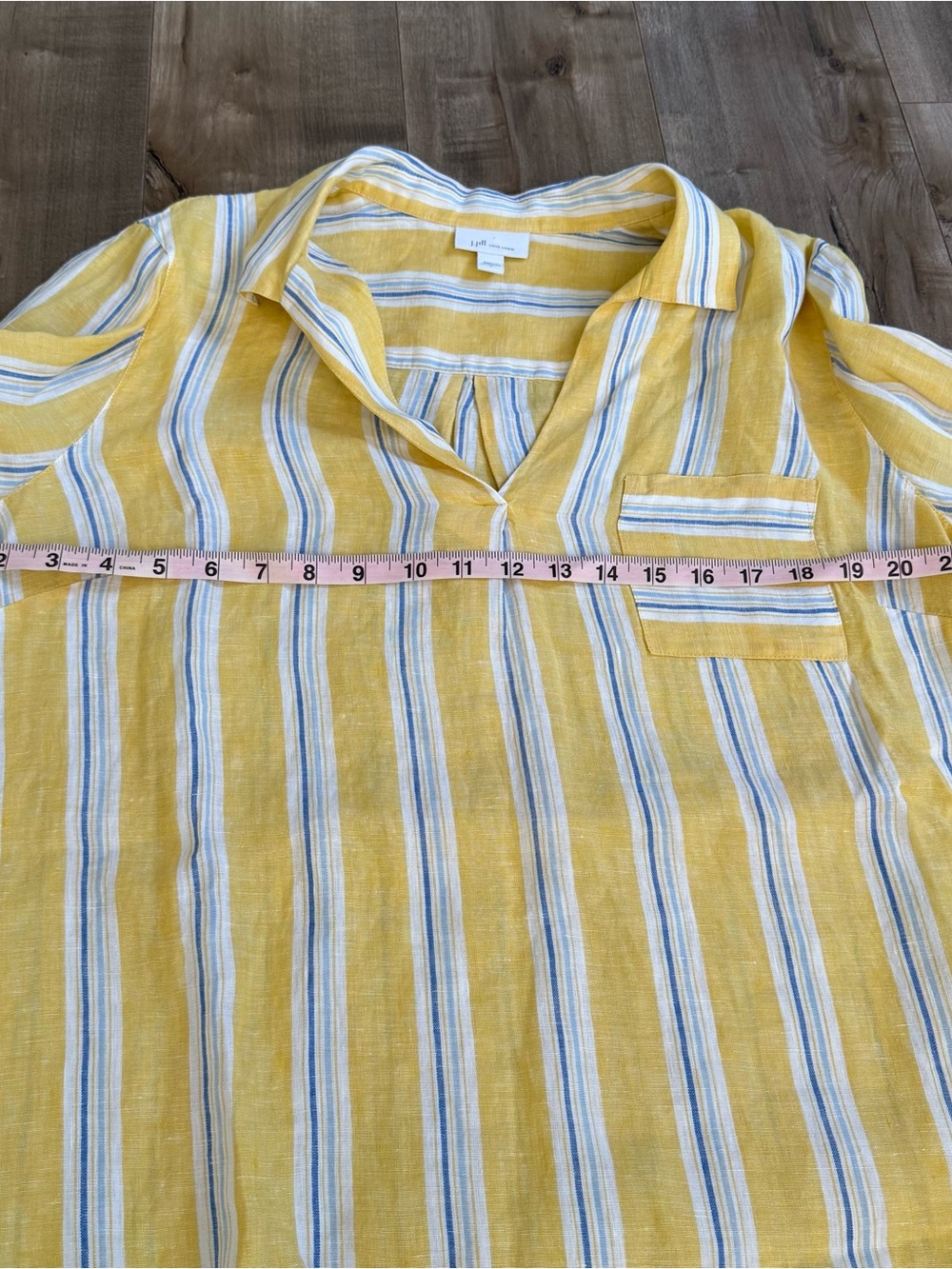 J Jill Love Linen Pullover Collared Shirt Yellow Stripe Large Preppy Boat Tunic - Picture 6 of 8